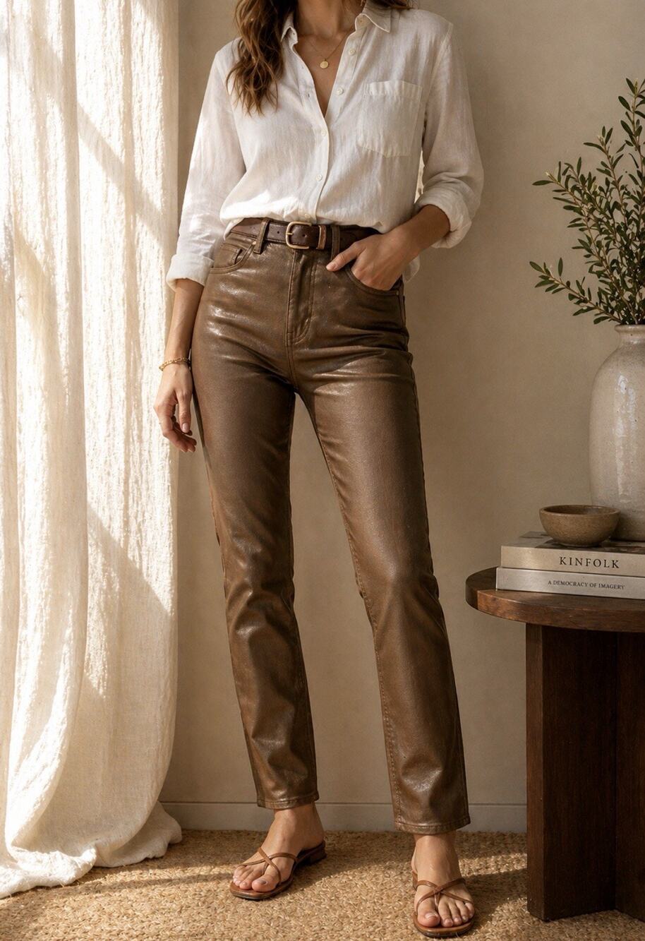 L’AGENCE Margot Java Coated High Rise Skinny Jeans Brown Leather Look 24